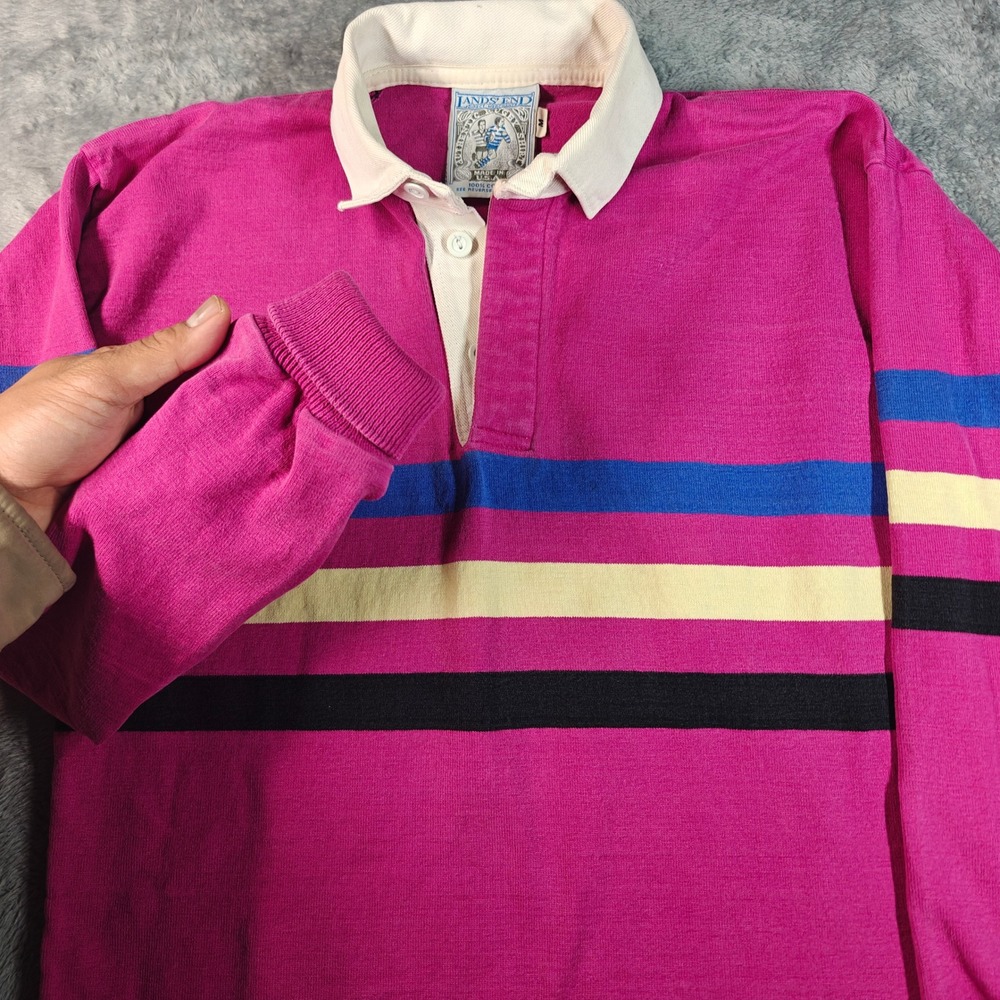 Vintage USA Made Lands End Rugby Shirt Men M Pink Striped Cotton Long Sleeve Y2K